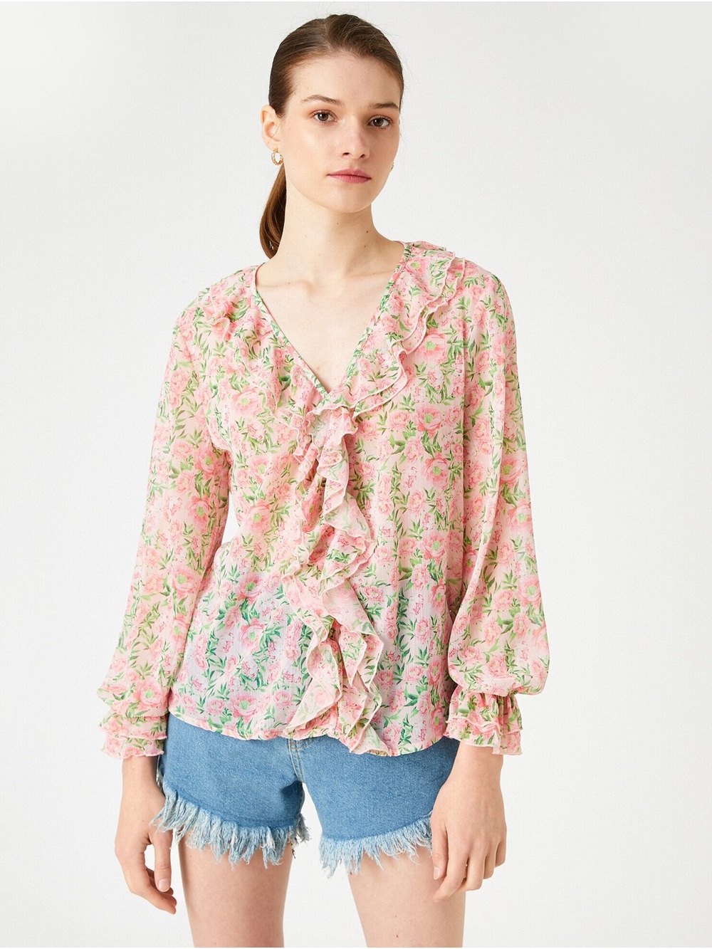 Ruffled V-Neck Floral Blouse - Pink